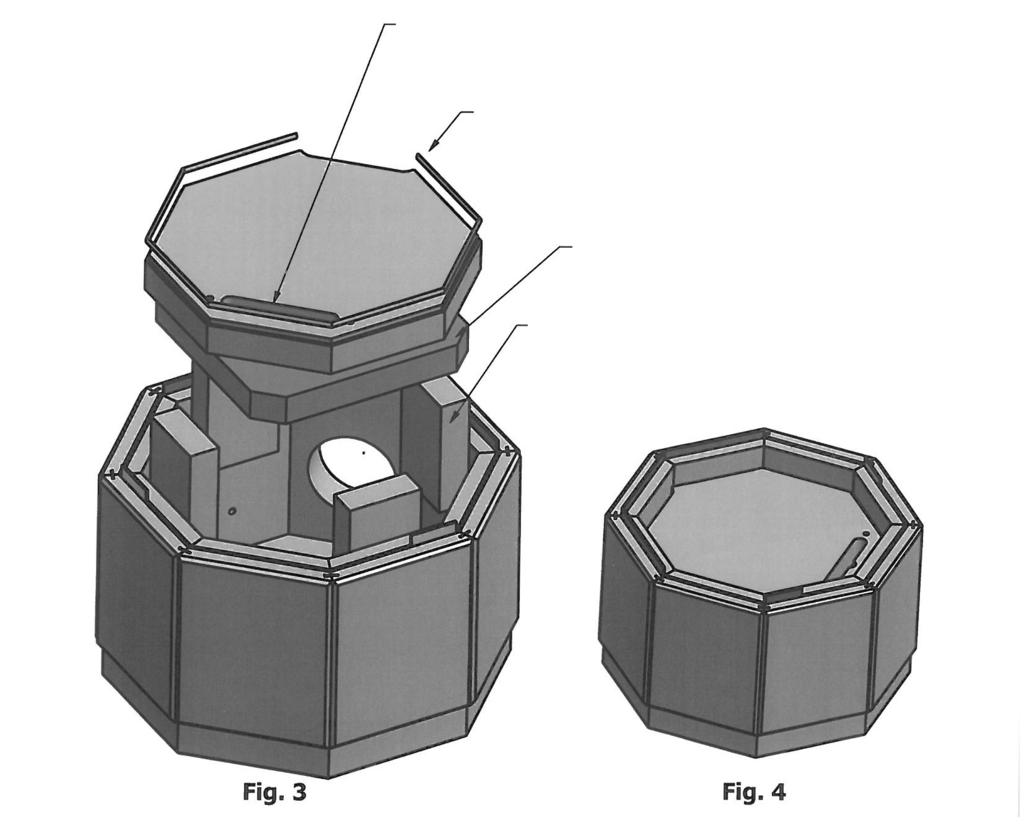 FIG 3 1. Montera 4 understöttor (160 x 100 x 40) för brännplattan ned på sockelplattan. 2. Skär till stenullsmattan, pressa ned den mot sockelplattan med folien vänt uppåt. OBS.