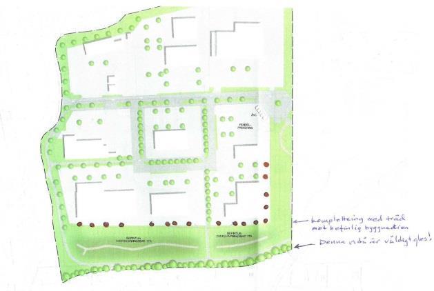 7(9) Promenadstråk/cykelväg utmed södra delen skulle bli attraktivare om det planteras träd kombinerat med buskar utmed sydsidan av byggnaderna, se bifogad karta.
