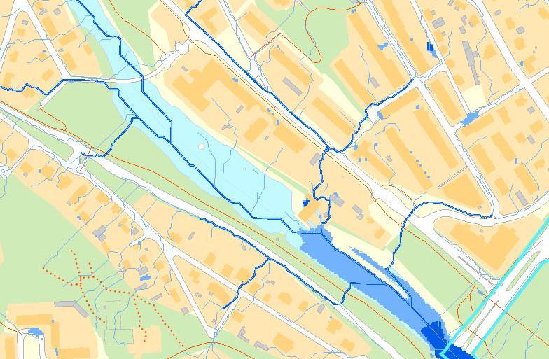 8 (21) 3.2 Ytliga flödesvägar och avrinningsområden Eftersom marken nordost om planområdet lutar in mot Karlslund innebär det att dagvatten leds in till området vid intensiva regn.