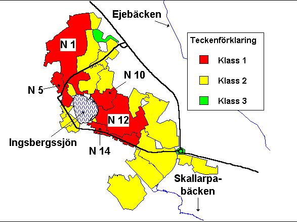 Figur 1. Dagvattenklassificeringens resultat i Nässjö. Resultaten visar att fem dagvattenområden är klassificerade som hotspot. st poäng har N 1 och N 12 med 56 poäng (se tabell 18).
