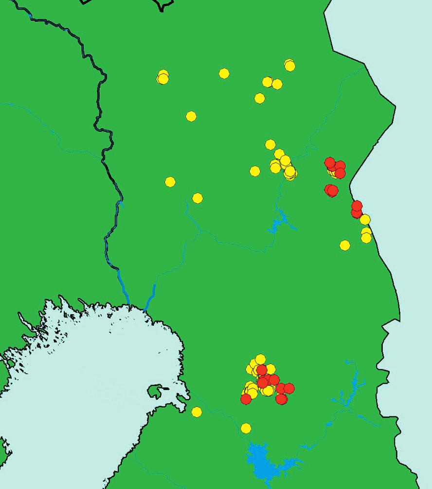Figure 1. Marking places for Finnish neck-banded Bean Geese Anser fabalis. Yellow = marked before 2000, red = marked after 2000. Märkplatser för finska halsbandsmärkta sädgäss Anser fabalis.