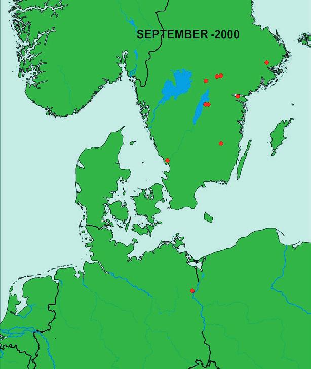 Figure 4. Observations of neckbanded Finnish Bean Geese Anser fabalis from different months during September April before 2000 (left) and after 2000 (right).