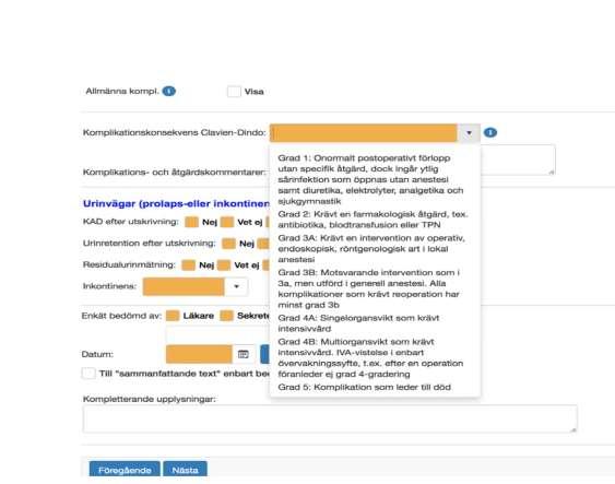 Figur 17. Komplikationsinstrumentet Clavien-Dindo. Andelen okomplicerade hysterektomier är i paritet med tidigare år.