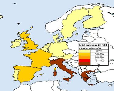 4. Kvantitativ risk ANTAL OMKOMNA VID NATURKATASTROFER 1:3:10 Jämförs antal omkomna per naturkatastrof i EU, Europa och världen så erhålls förhållandet 1:3:10.