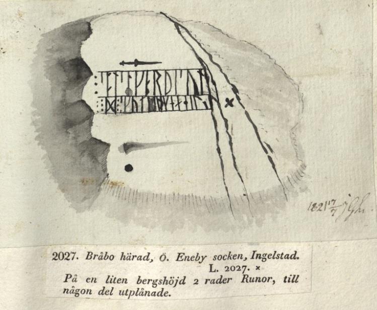 Ög 43 Ingelstad Runristningens historia och betydelse 5 Redan på sommaren samma år hade ristningen även blivit avbildad av den dåvarande amanuensen vid Vitterhetsakademien, J. G. Liljegren.