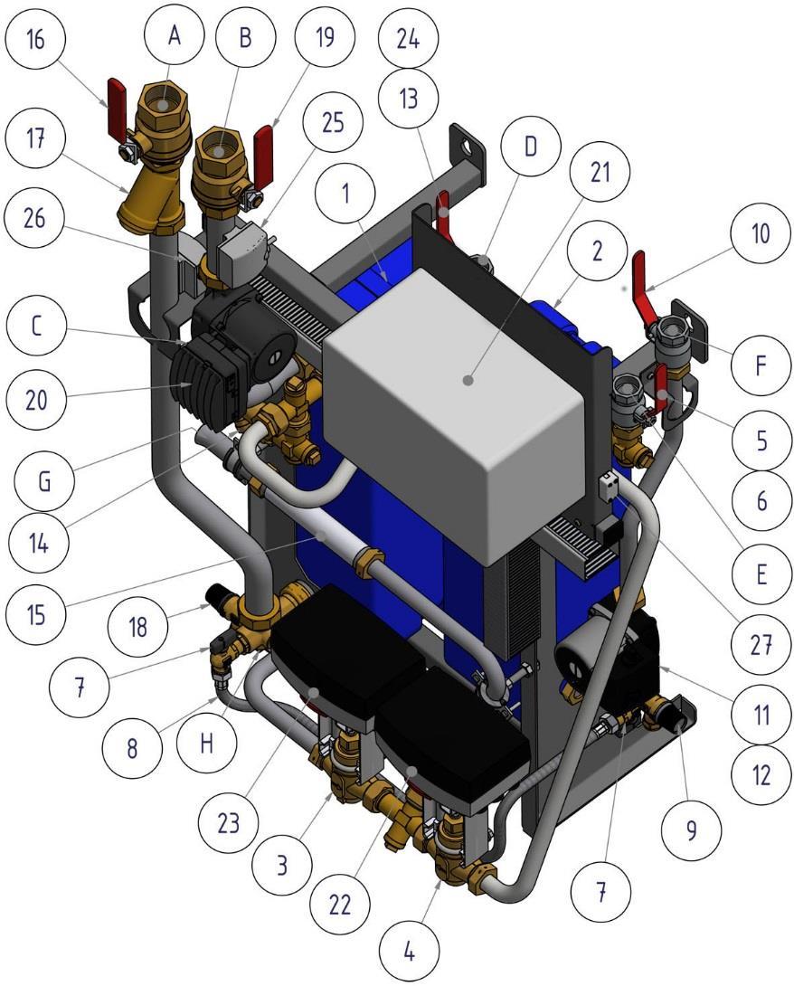 1.7 Produktöversikt Midi Wall Bild 1 1. Värmeväxlare, värme 19. Avstängningsventil, värme tillopp 2. Värmeväxlare, varmvatten 20. Pump, värme 3. Styrventil, värme 21. Reglercentral * 4.