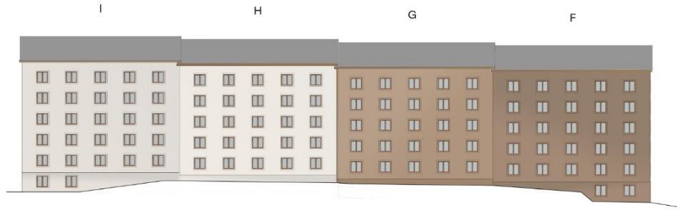 Sida 18 (44) Fasadernas utformning på lamellhuset mot banvallen (bild Nyréns). Den föreslagna färgsättningen syftar till att bryta ned huslängorna till enskilda hus mot gata och banvall.