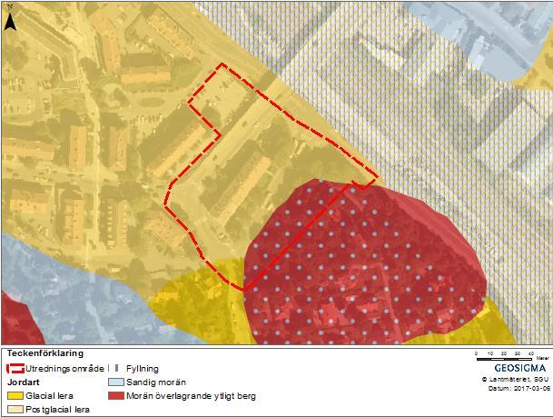 Figur 3-3. Jordarter enligt jordartskartan i skala 1:25 000 från SGU. Jorddjupet varierar mycket inom utredningsområdet, se Figur 3-4.