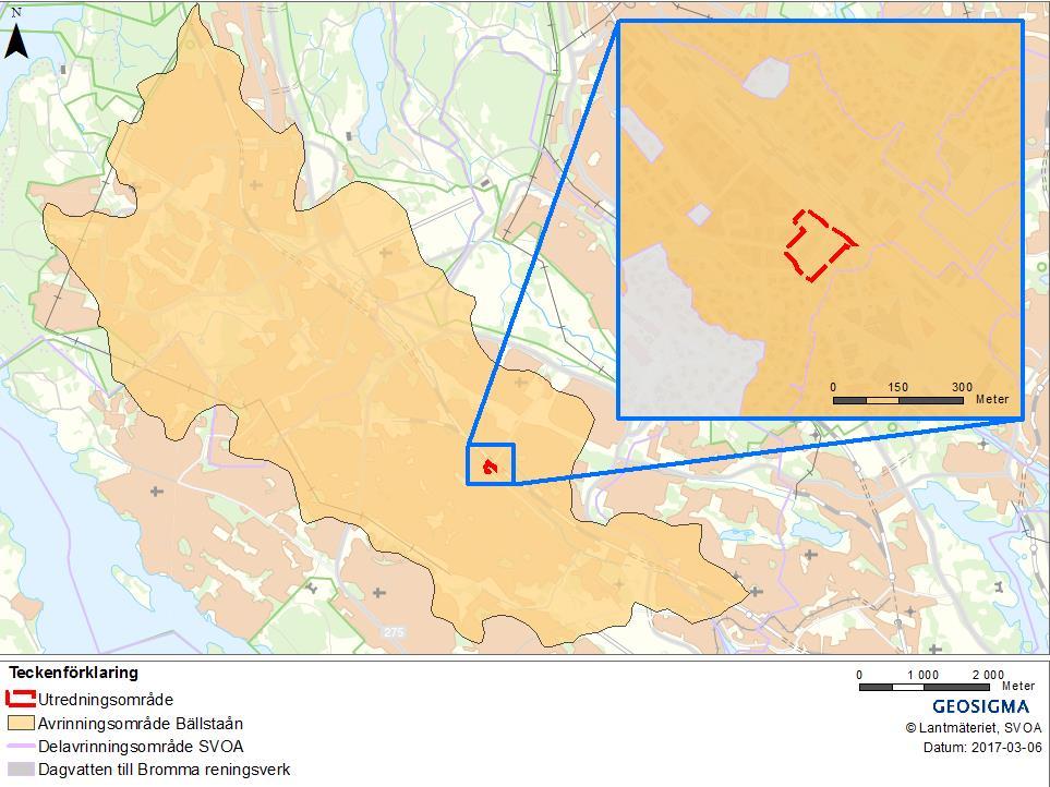 Figur 3-7. Avrinningsområdet för Bällstaån i den stora kartan. Den inzoomade kartan visar delavrinningsområden enligt SVOA, grått går till Bromma reningsverk och orange till Bällstaån. 3.4.