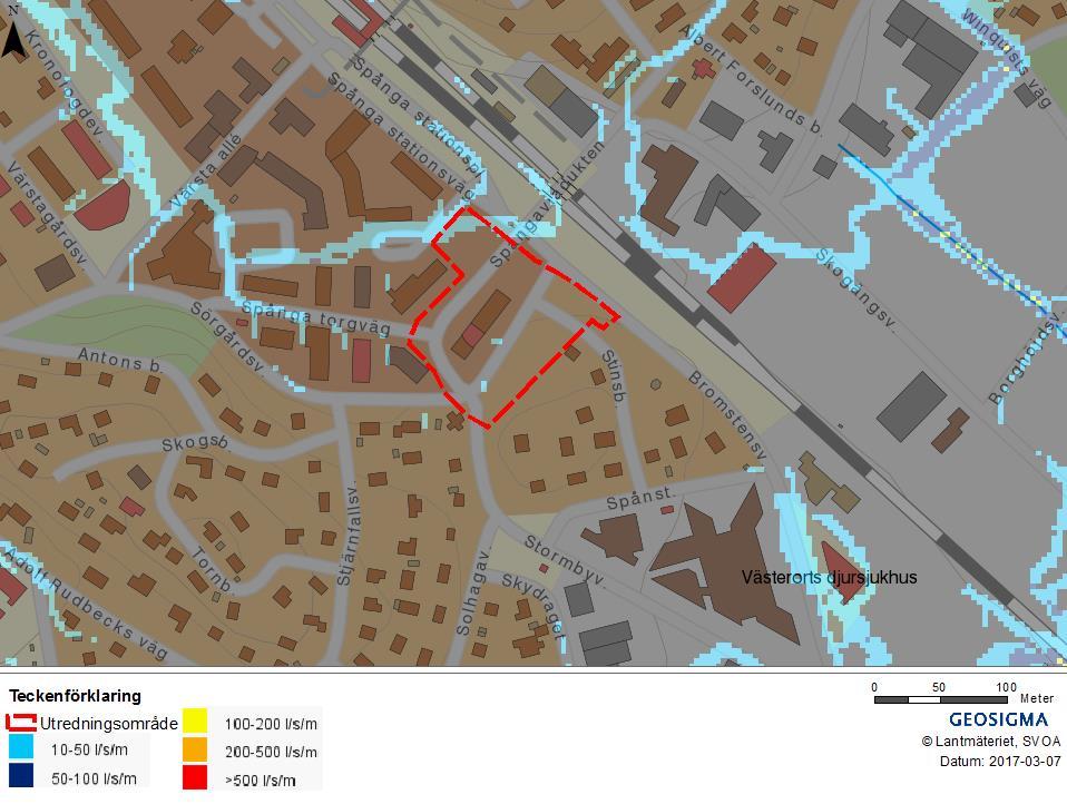 Figur 4-2. Maximalt vattenflöde vid marköversvämning vid 100-årsregn enligt Stockholm Vattens skyfallsmodellering 2015.