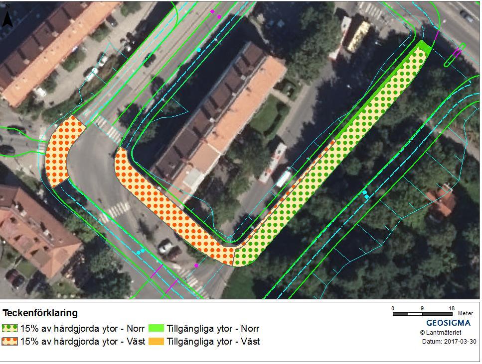 Figur 5-6. Ytor som krävs för makadammagasin enligt förslaget med 15 % av hårdgjorda ytor. 5.2 Avsättningsmagasin Dimensioneringen för avsättningsmagasinen har gjorts utifrån rekommendationer i StormTac (bland annat utifrån områdets storlek och avrinning).