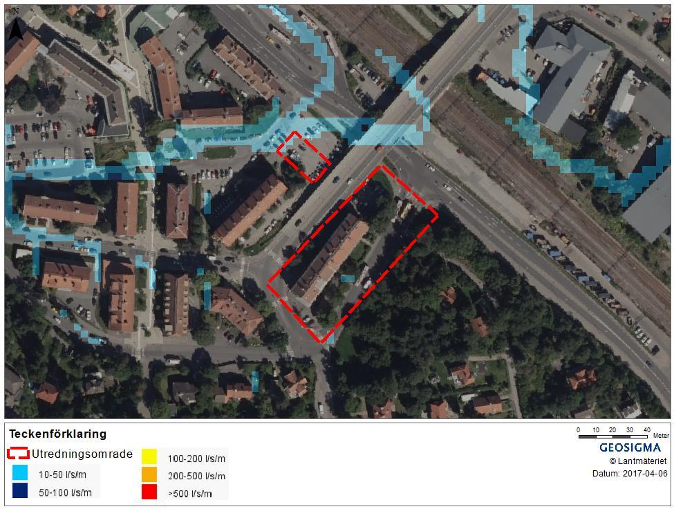 Maximalt vattenflöde vid marköversvämning vid 100-årsregn enligt Stockholm Vatten och Avfalls skyfallsmodellering 2015 inom utredningsområdet redovisas i Figur 4-2.