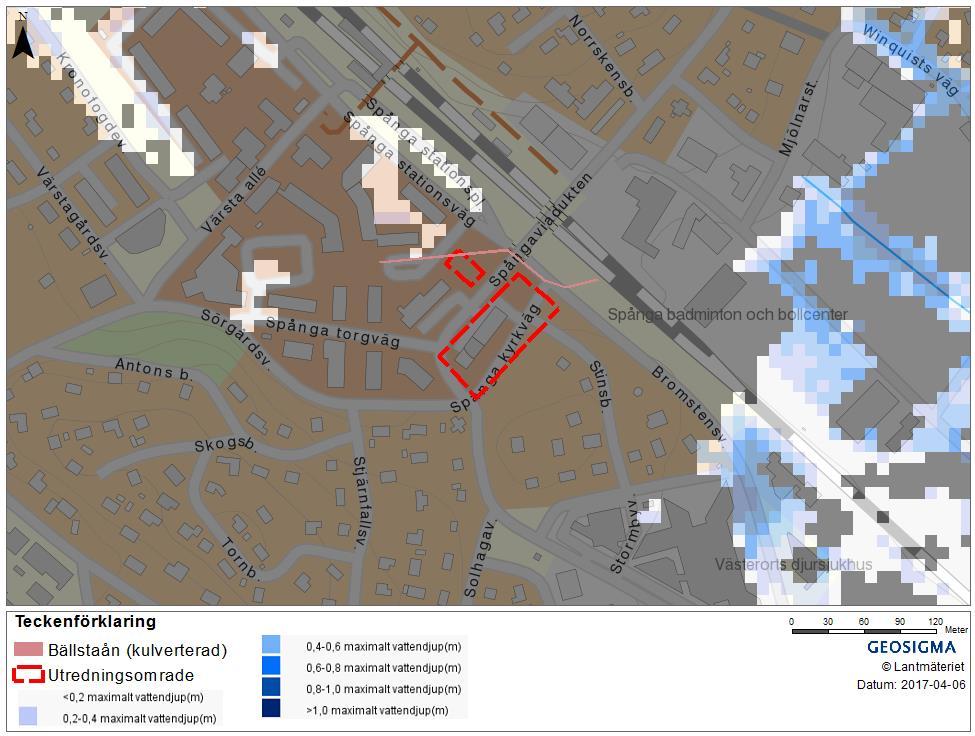 Eftersom Bällstaån är benägen att översvämmas vid kraftigare regn har Stockholm Vatten och Avfall gjort en översvämningsanalys för ett 100-årsregn för denna.