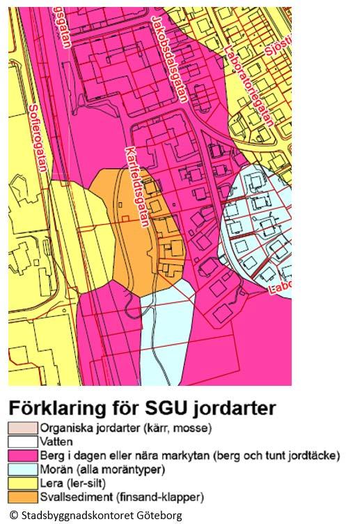 Figur 3 Jordarter enligt SGU. Hälften av aktuellt område utgörs av berg i dagen och hälften av svallsediment. Väster om området finns lera och söder om, samt öster om finns morän.