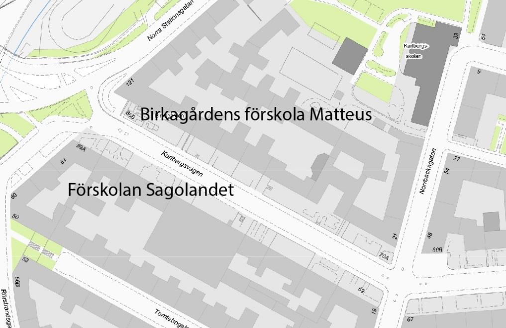 Norrmalm Förskolan Sagolandet, Karlbergsvägen 83 Birkagårdens förskola Matteus, Karlbergsvägen 86A Huvudgata: Karlbergsvägen Befintlig hastighet: 30 km/tim Föreslagen hastighet: 40 km/tim o Förskolan