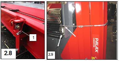 16 2.4. Uppsättning av transportören i transportposition, bild 2.6, 2.7, 2.8 och 2.9 Dra ned transportören till vinschvajrarnas och noshjulets stöd.