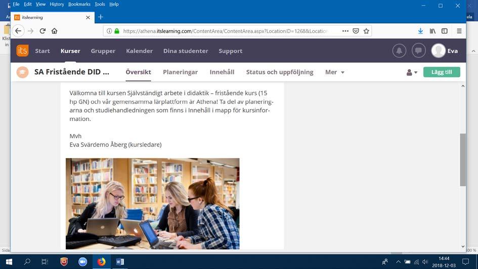 Handledning både individuellt eller i grupp som organiseras via resurser i Athena. Varje handledare gör ett eget schema och har ett digitalt rum för handledning i Athena.