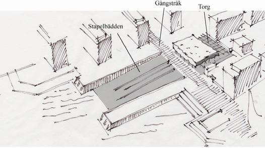 5/10 Stapelbädden Stapelbädd 6 kortas och dess främre del rustas upp till ett lutande torg mellan kajens nivå och vattnet. Dess bakre del omformas till en torgyta i kajens nivå.