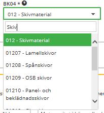 Registrering av BK04/BSAB Funktionen är uppdaterad och respektive varugrupp väljs genom att koden eller del av varugruppsbeskrivningen fylls i.
