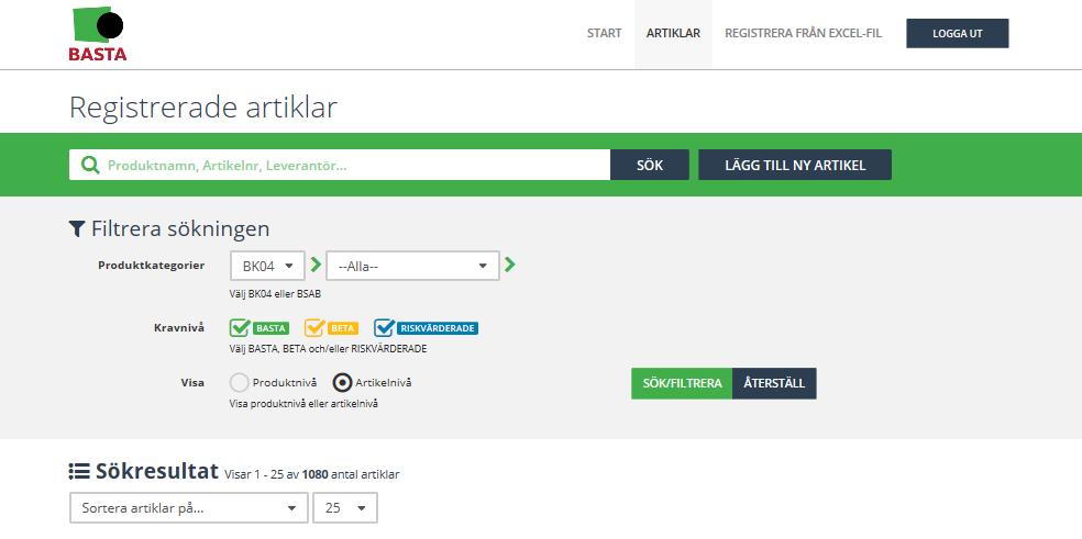 4. Artiklar/Mina artiklar Om ni väljer alternativet Artiklar eller Mina artiklar får nu upp alla era registrerade artiklar.
