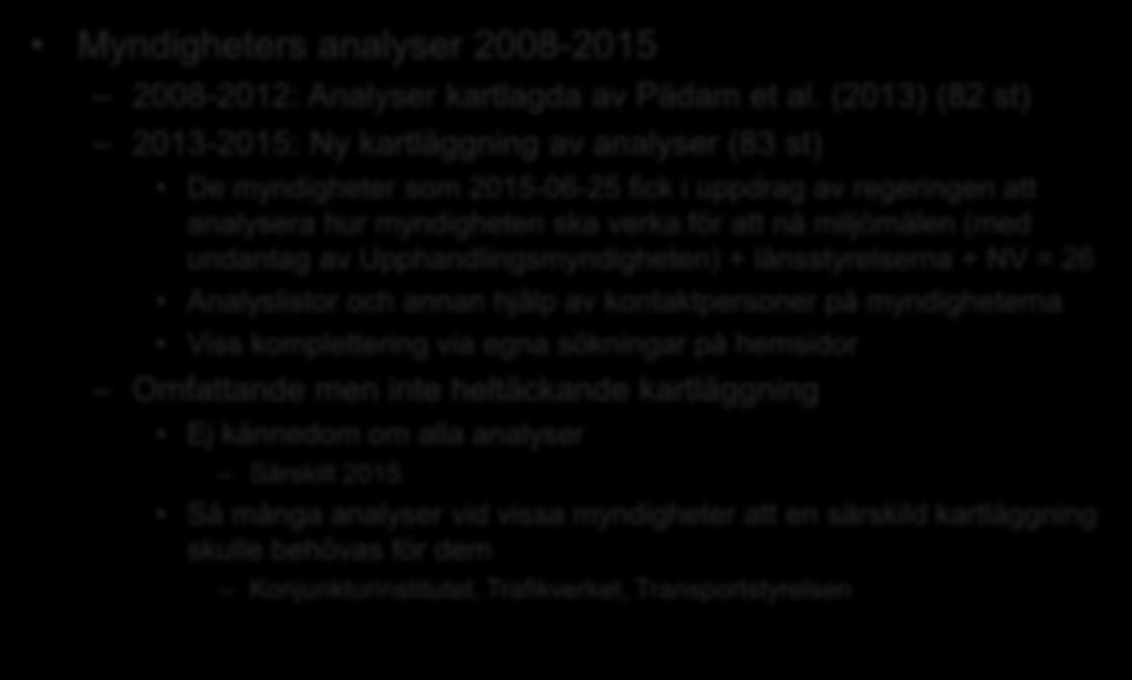 Kartläggning av samhällsekonomiska analyser inom miljöområdet Myndigheters analyser 2008-2015 2008-2012: Analyser kartlagda av Pädam et al.