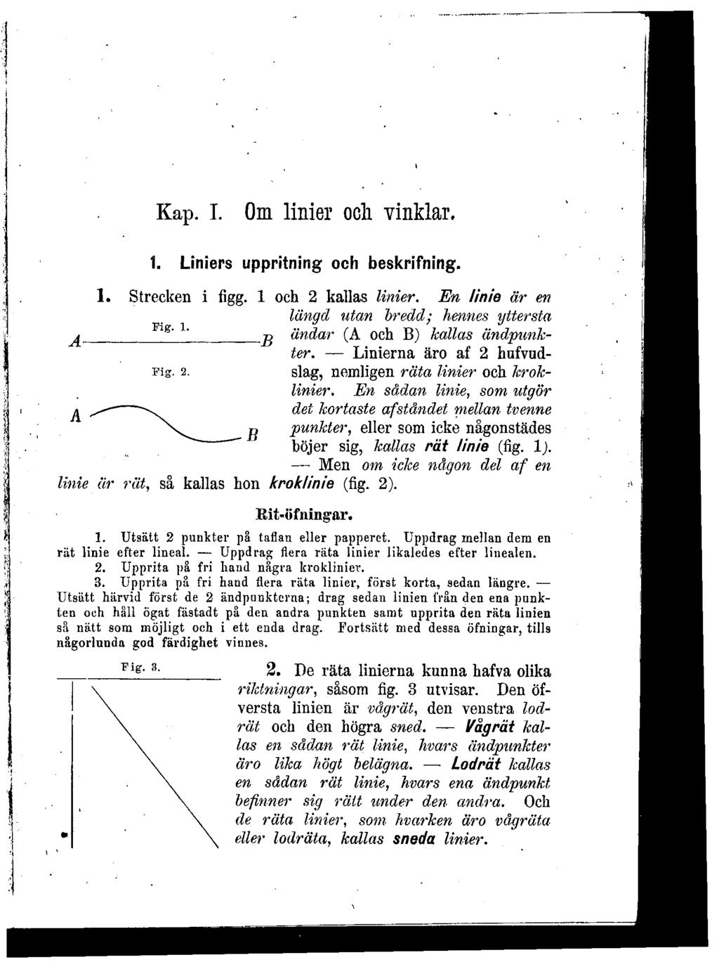 Kap. I. Om linier och vinklar. 1. Liniers uppritning och beskrifning. 1. Strecken i figg. 1 och 2 kallas linier.