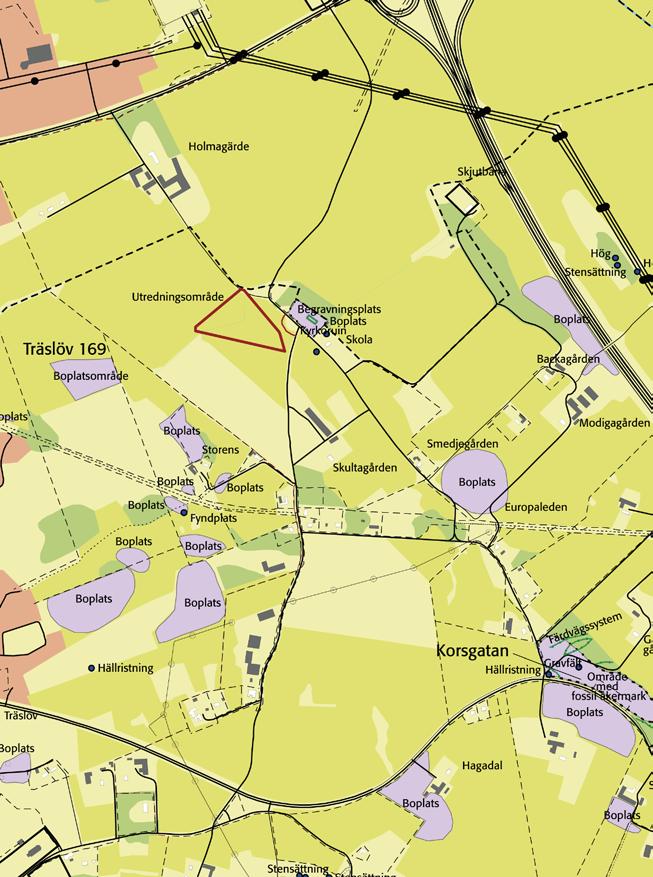 0 500 m Fig. 4. Fornlämningsförekomsten kring utredningsområdet.