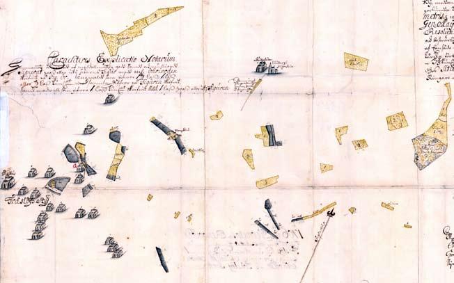 Skultagården Fig. 5. Utsnitt ur geometrisk avmätning av en gård i Träslöv 1706.