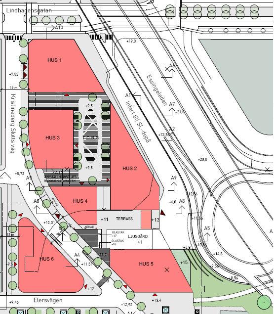 Sektion planerade kontorshus i förhållande till