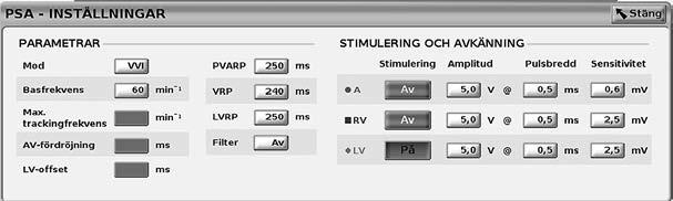PSA-inställningspanelen Klicka på knappen Inställningar i PSA-panelen för stimulering och amplitud för att visa PSA-inställningspanelen.