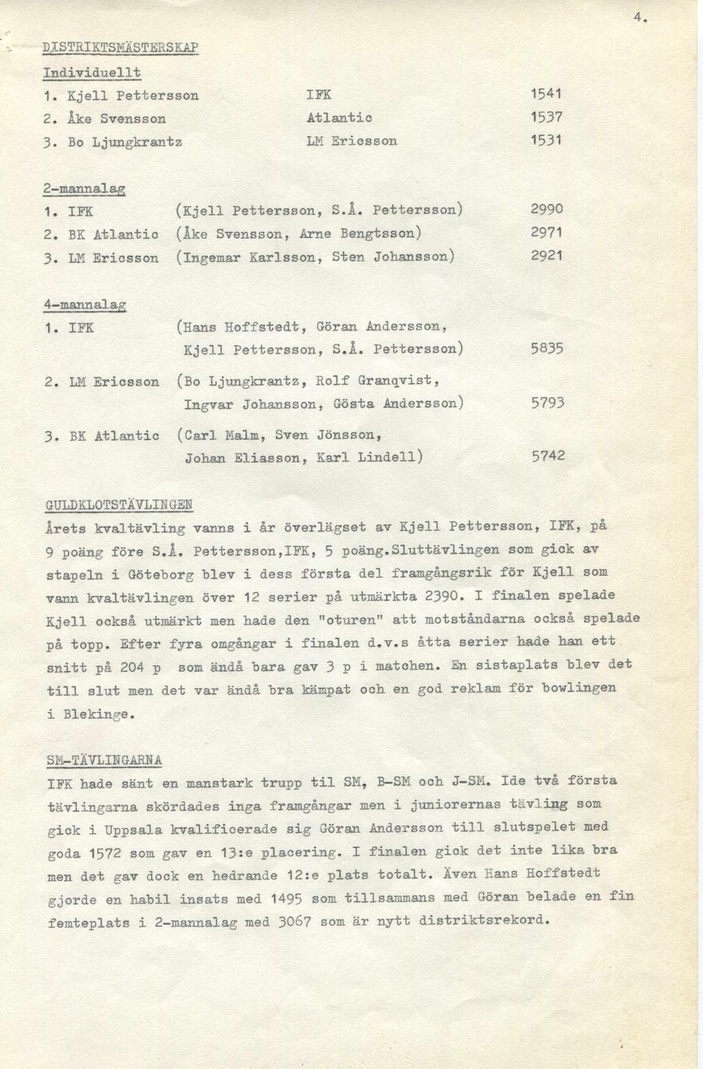 4. DISTRIKTSMÄSTERSKAP Individuellt 1. Kjell Pettersson IFK 1541 2. ike Svensson Atlantic 1537 3. Bo Ljungkrantz LM Ericsson 1531 2-mannalag 1. IFK 2. BK Atlantic 3. LM Ericsson (Kjell Pettersson, S.
