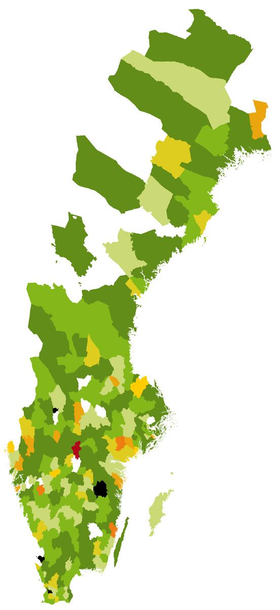 Andel i jobb efter kommun På kartdiagrammet till höger visas hur stor andel som fått jobb eller annan lösning per kommun.