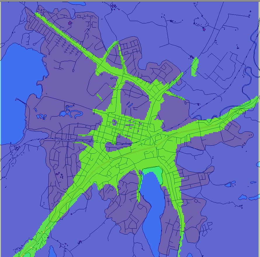 Timmedelvärde (98-percentil) Figur 4. Beräknat timmedelvärde (98-percentil för NO 2 (µg/m3) MKN för timmedelvärde (90µg/m 3 ) klaras i hela Alingsås. Utvärderingströsklarna överskrids inte heller.