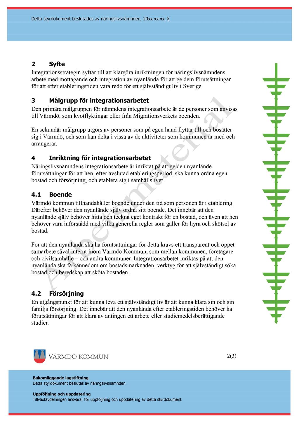 Detta styrdokument beslutades av näringslivsnämnden, 20 xx - xx - xx, 2 Syfte Integrationsstrategin syftar till att klargöra inriktningen för näringslivsnämndens ar bete med mottagande och