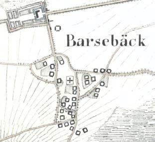 Figur 3. Utsnitt från skånska rekognosceringskartan från 1812-1820 visande Barsebäcks by. Väster om kyrkan, på platsen för några av nyplanteringsgroparna, låg en fyrlängad gård.