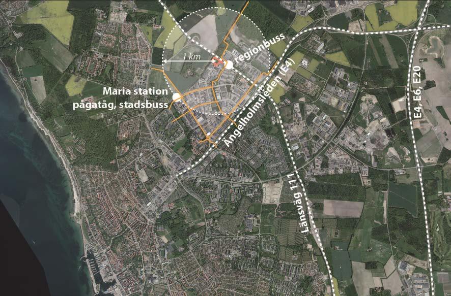 6(16) Dnr 1309/2012 är relativt välförsörjt med gång- och cykelvägar samt kollektivtrafik i form av stadsbuss 2 och 21, som båda passerar Knutpunkten och regionbuss 220, som går mellan Landskrona och