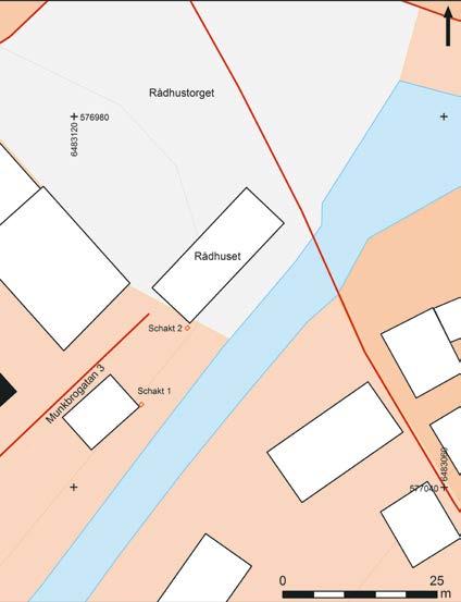 Arkeologgruppen rapport 2015:28 Figur 4. Schaktplan över schakten som grävdes vid rådhuset. Skala 1:500.