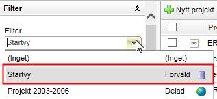 Standardfilter i projektlistan Det är nu möjligt för administratörer att skapa förvalda filter i projektlistan.