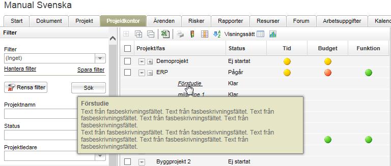 Projektkontor Aktivitetsbeskrivning för faser Vid hovring över fasnamnet i