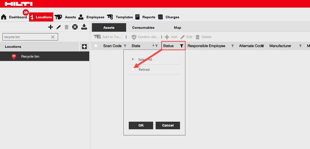 Om inventarier aldrig tilldelats en inventariestatus förblir de utan status, även när de överförs till en terminal.