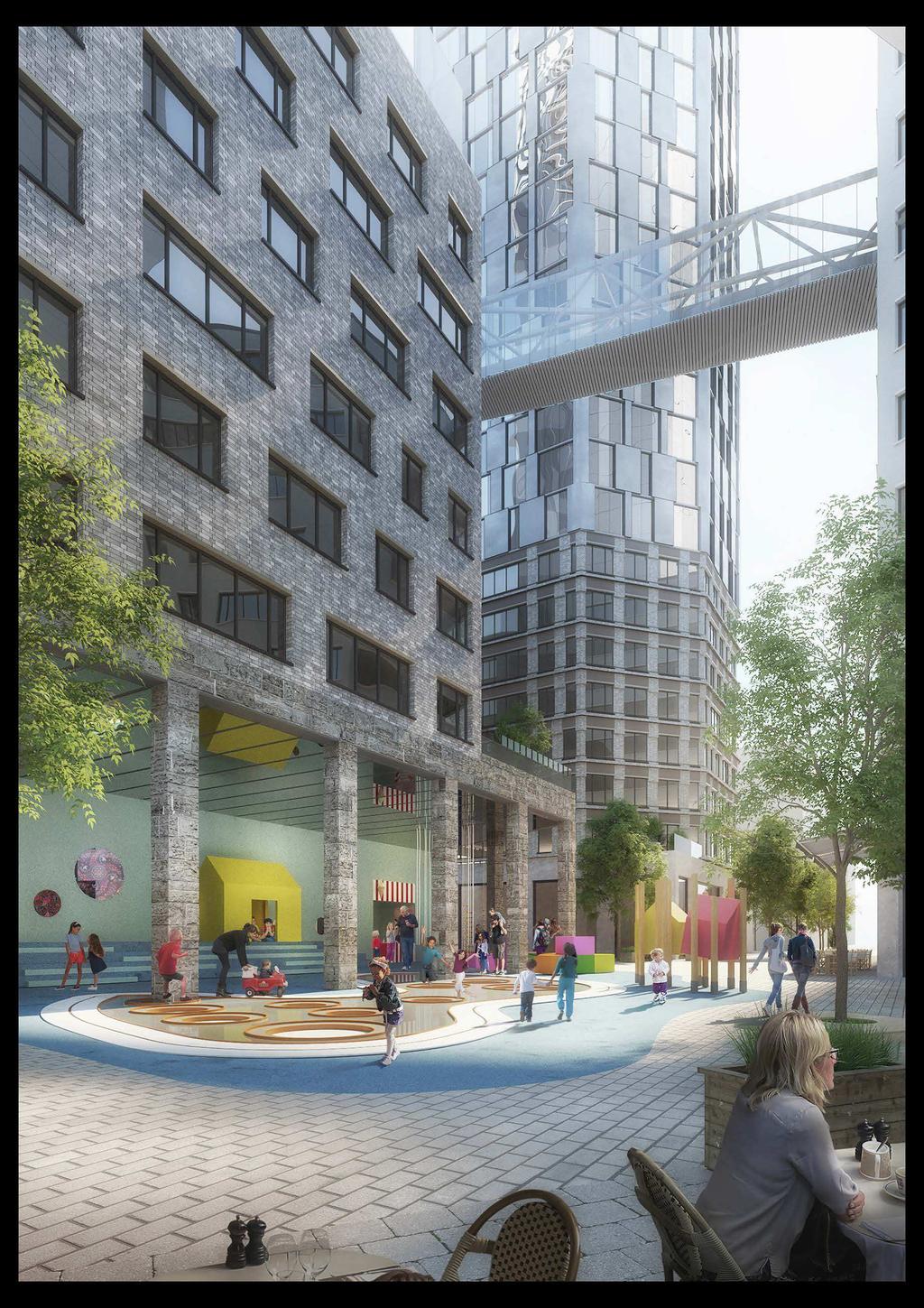 Offentliga rekreationsmiljöer inom planområdet - större torg mot Lindholmsallén - inre torg med delvis inbyggd lekplats och cafépaviljong med parkanläggning på taket - upplevelsebaserade stråk med