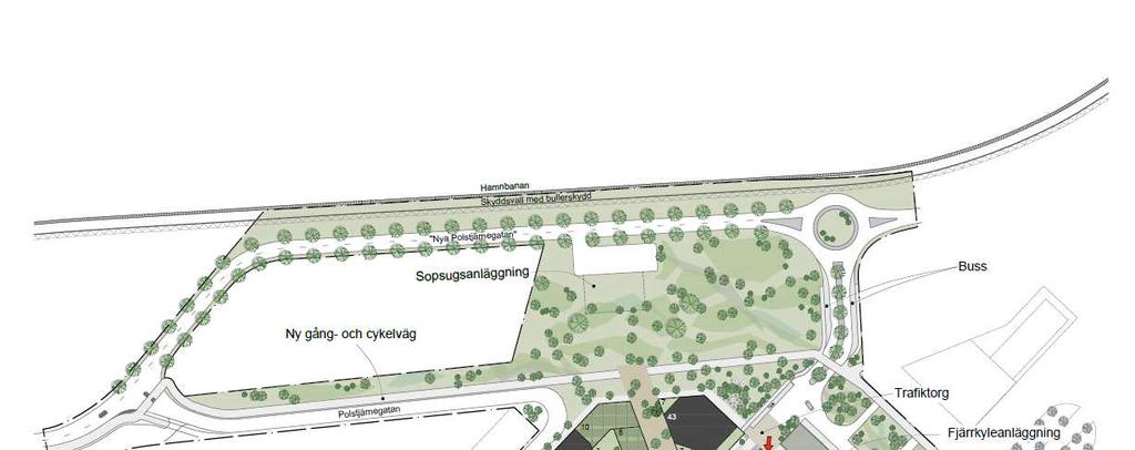 Illustrationsplan byggnation innehållande bostadslägenheter, handel, hotell och kontor.
