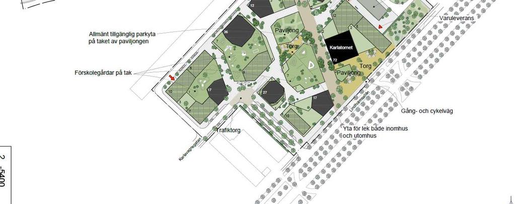 Planen möjliggör för förskoleverksamhet i form av tio avdelningar varav sex stycken kommer att ligga på terrasser på 6:e våningen.