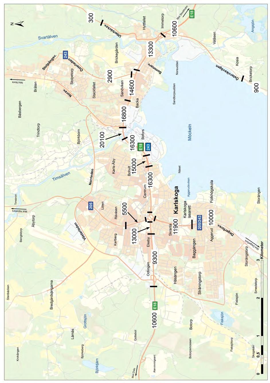 Figur 3.4. Vägtrafikflödeskarta för E18 genom Karlskoga.