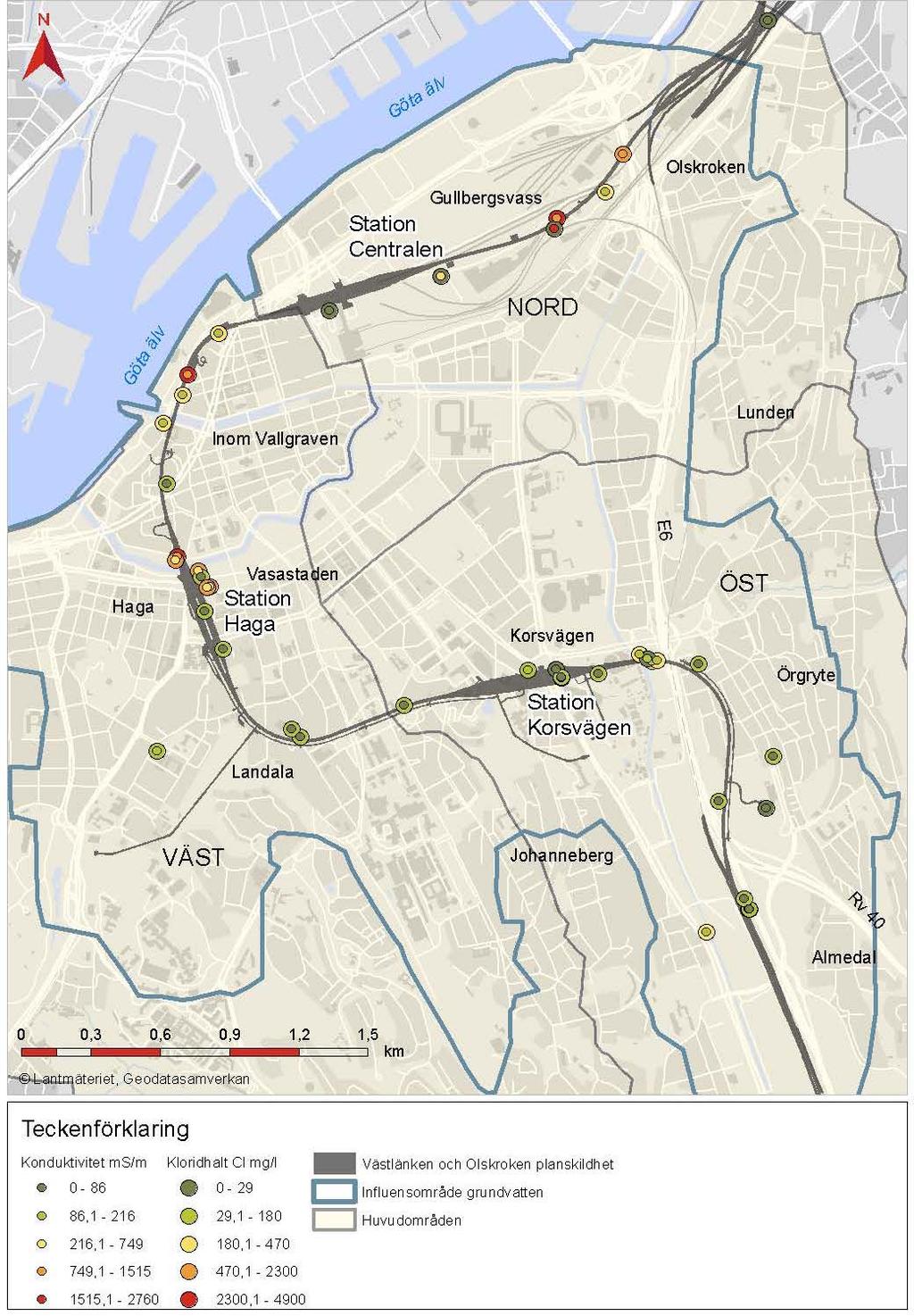 PM kemi, MPU02_50GT_025_00_0007, Version _ Nord har högre kloridhalt än Väst (som också ligger intill Göta älv) då det finns fler stora vägar och mer hårdgjorda ytor i Nord än i Väst. Figur 13.