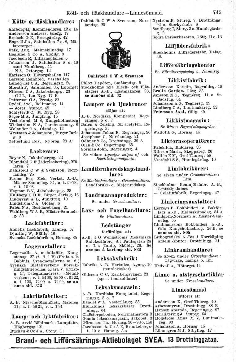 Kött- och fläskhandlare-linnesömnad. 745 Kött':. o/'lläskhandlare: Dahlstedt C W & Svensson, Norr- Nyström F, Stureg. 7, Drottningg. landsg. 25 92 o. Storkyrkobr. 9 Ahlborgill:" Kommendörsg. 12 0.