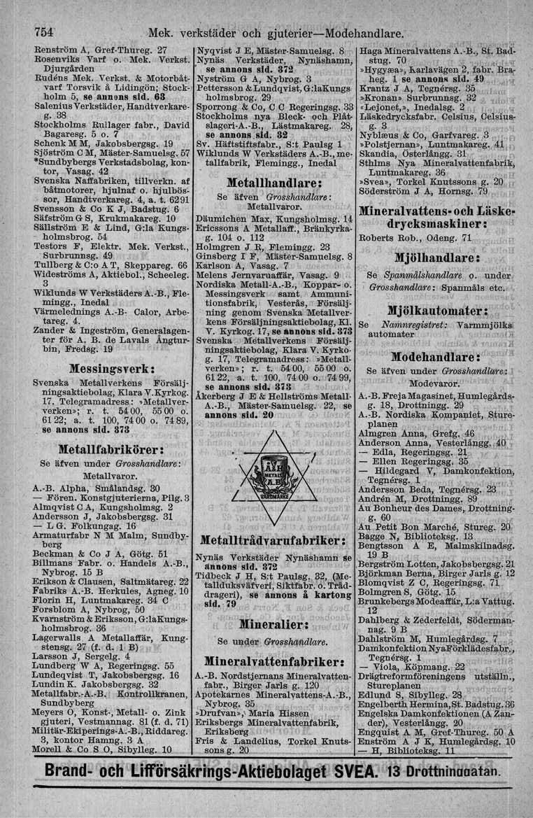 754', Mek. verkstäder-och gjuterier-modehandlare. Renström A,.Grel Thureg. 27 Nyqvist J E, Mii8wr.Sam~eIsg. 8 ~ Ha~a Mineralvattens t.b., St. ~~ Rosenviks Vart o. Mek. Verkst.