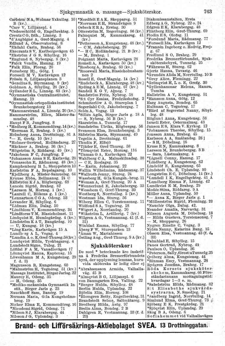 Sjukgvmnastik o. massage-c-sjuksköterskor, 763 CaHsteuJ'NIA,'W6Imar Yx:kullsg. 10 *Nordfelt E AK, Skeppareg. 51 Diakonissanstalten,.Ersta B (kv.), " "Norr-man E H, Strandvägen 9 Edberg A G, Nybrog.