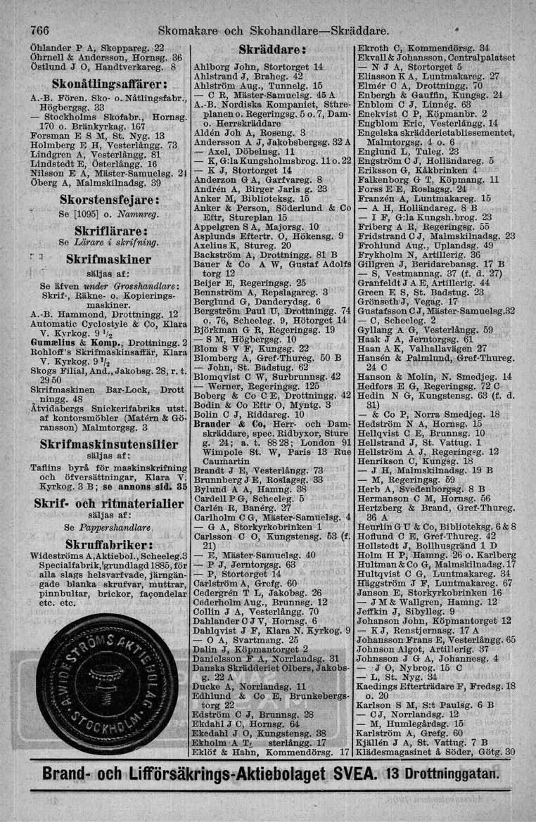 766 Skomakareoch Skohandlare-Skräddare. ÖhIander P A, Skeppareg. -22 ' Skräddare: Ekroth O, Xommendörsg. 84 Öhmell & Andersson" Hc;>rnsg.
