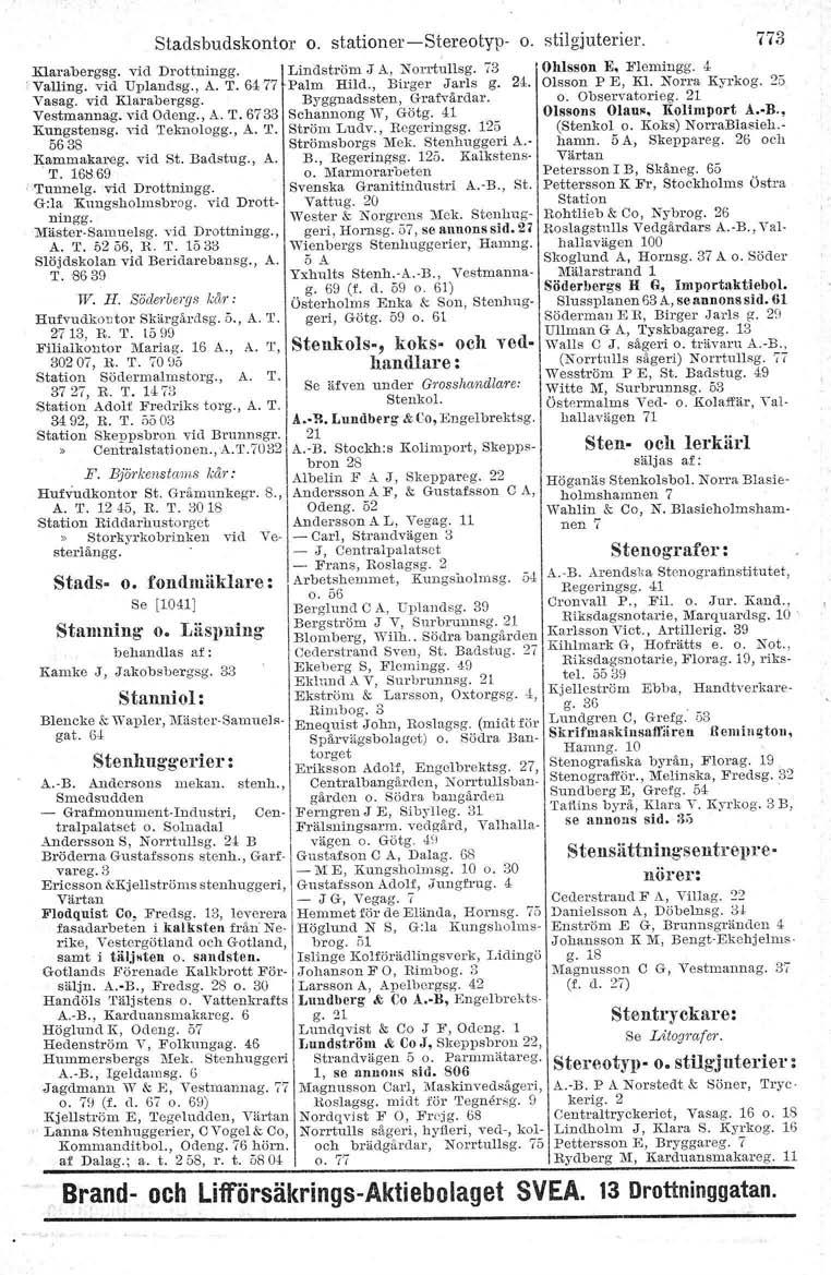 Stadsbudskontor o. stationer-stereotyp- o. stilgjuterier. 773 Rlarabergsg. vid Drottningg. 'Valling. vid Upiandsg., A. T. 64 '77 Vasag. vid Klarabergag. Vestmannag. vid Odcng., A. T. 6733 Kungstensg.